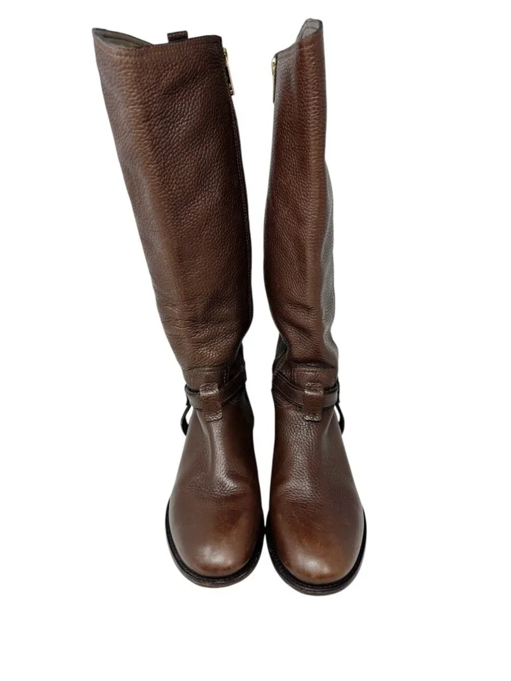 Tory Burch Logo Harness Riding Boots Brown Pebbled Leather Women's 10.5